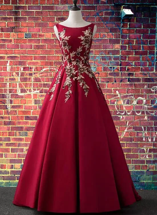 Elegant Satin Long Party Dress with Lace Applique, Dark Red Long Prom Dress Tunics Brand named