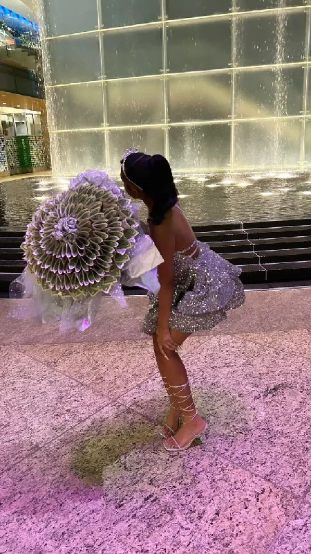 Silver V Neck A-Line Sequins Short Party Dress Birthday Outfits DP3948 Mermaid Tail Wedding