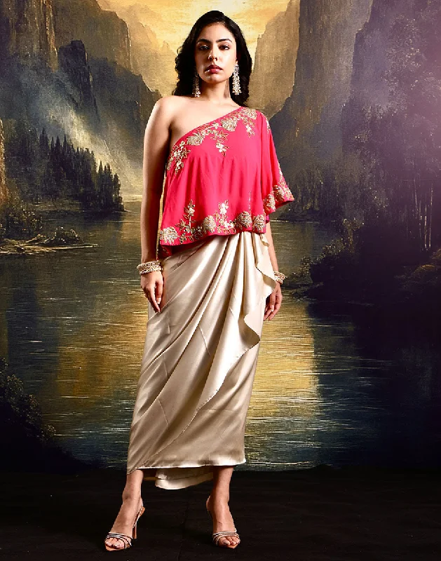 Romantic Ensemble Pink Hand-Embroidered Double Georgette Cape with Satin Draped Skirt and Bandeau Top midi skirt versatile