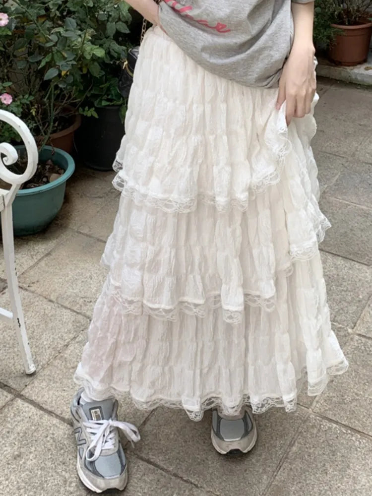 White Long Crochet Lace Skirt velvet skirt glossy