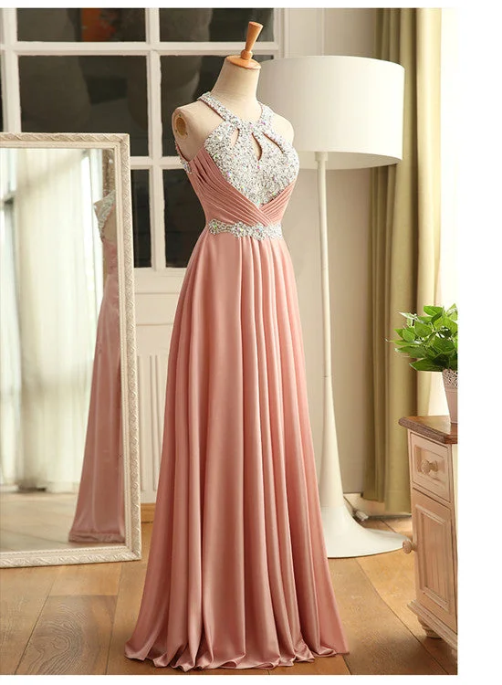 Pink Halter Sequins Floor Length Prom Dress , Pink Party Dress Tunics Spring floral