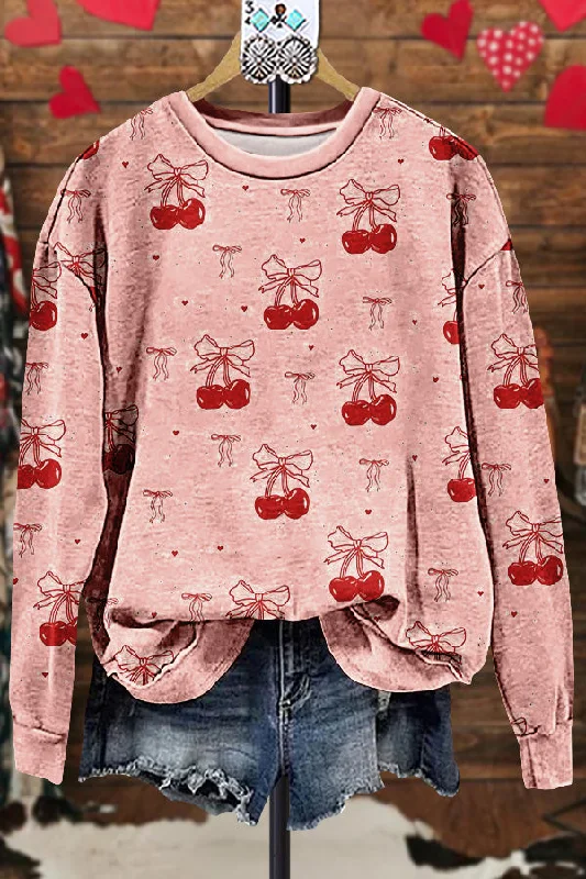Classic Contrast Valentine's Day Cherry Sweatshirt Hoodie with Cropped Fit Short Trendy