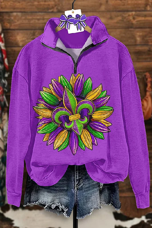 Vintage Mardi Gras Print Zip-Up Sweatshirt Hoodie with Lining Warm Insulated