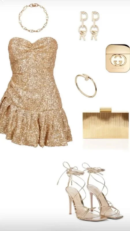 Gold Sweetheart Sequins Strapless Short Party Dress Homecoming Dress, DP3691 Crew Neckline Sporty