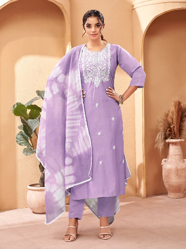 Women Round Neck Thread Work, Chanderi Fabric Kurta & Pant With Dupatta Set - Taantav Trendy Velvet Pants