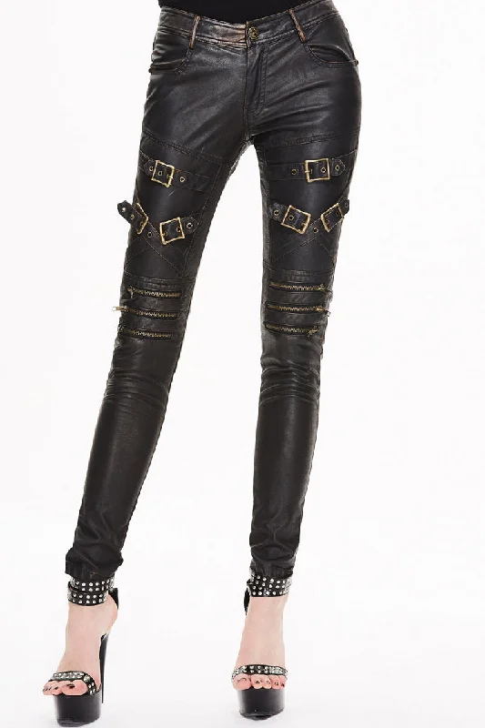 Black/Bronze Metal Zipper Decoration Metal Buckle Leather Leg Loop Leather Women's Punk Pants Elegant Trouser Pants