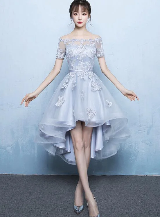 Grey High Low Stylish Applique Homecoming Dress, Cute Party Dresses, High Low Formal Dress empire Waist empire