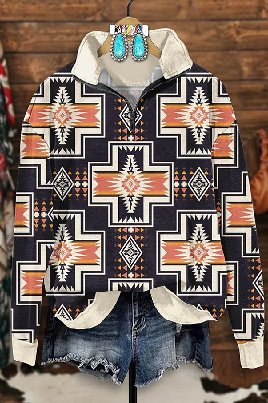 Retro Western Aztec Print Zip-Up Sweatshirt Hoodie with Double Zipper Versatile Adjustable