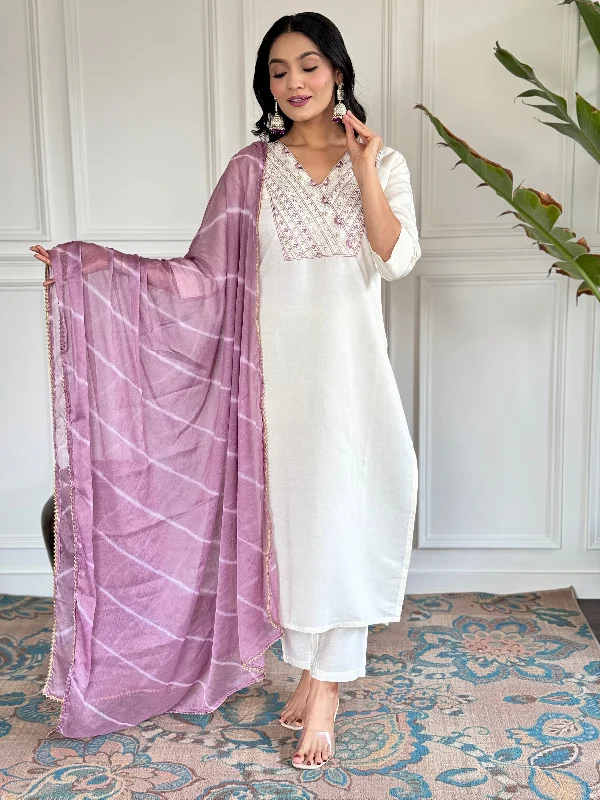 Women V Neck Embroidered Work Chanderi Viscose Fabric Kurta & Pant With Dupatta Set - Taantav Comfortable Fleece Pants