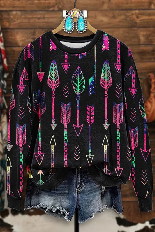 Vintage Western Arrow Print Sweatshirt Hoodie with Velcro Closure Adjustable Secure