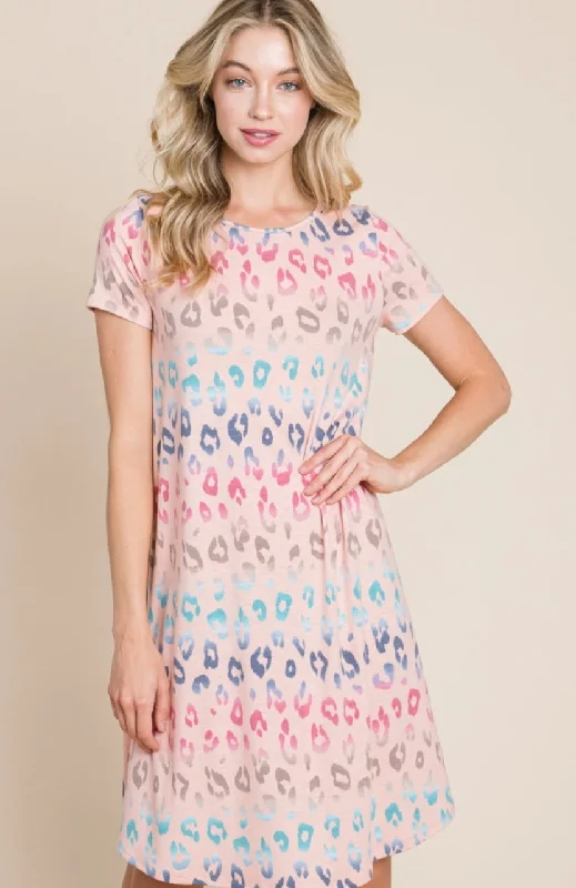 Leopard Print Comfy Dress in Blush Shift Classic Vintage