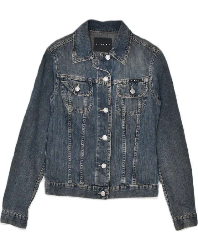 SISLEY Womens Corduroy Jacket UK 10 Small Blue Cotton Trench Coat Raincoat Waterproof Jacket