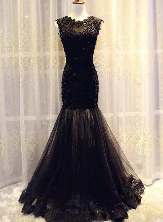 Gorgeous Black Mermaid Lace and Tulle Evening Gowns, Charming Lace Party Dresses Tunics Luxurious premium