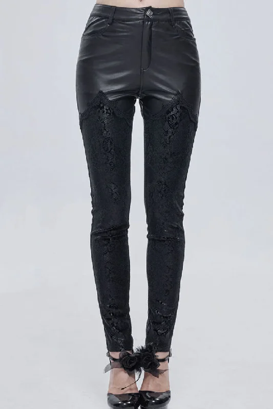 Black Gothic Metal Rose Button Leather Lace Panel Slim Fit Women's Long Pants Comfortable Pleated Pants