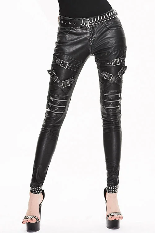 Black Punk Multi Loops Silver Zipper Hand Rubbed Leather Womens Pants Comfy Athletic Pants