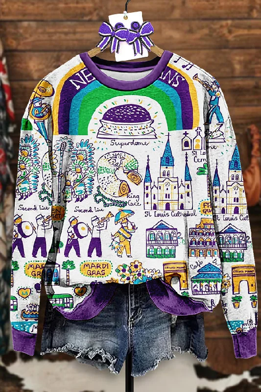 Vintage Mardi Gras Print Sweatshirt Hoodie with High Neck Warm Protective