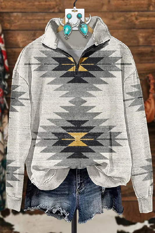 Simple Aztec Printed Zipper Sweatshirt Hoodie with Ribbed Neckline Snug Warm