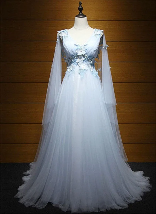 Light Blue Princess V Neck Low Back Tulle Prom Dress, Blue Evening Dress Party Dress Tunics Spring floral