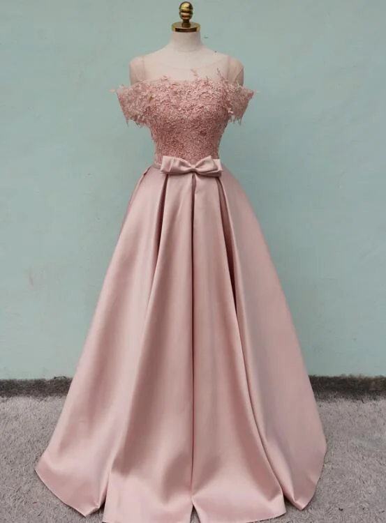 Pink Off Shoulder Satin Long with Lace Top Formal Dress, Elegant Party Dress New Style Prom Tunics Stylish modern