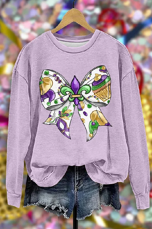 Loose Bow Print Mardi Gras Sweatshirt Hoodie with Toggle Buttons Decorative Unique