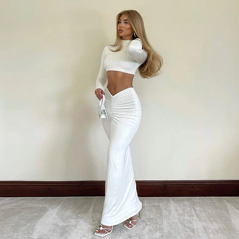White Long Sleeve Ruche Matching Set maxi skirt denim skirt stylish