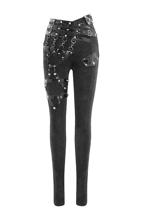 Black Punk Leather Loops Asymmetric Knitted Stretch Womens Pants Comfy Zip-Up Pants