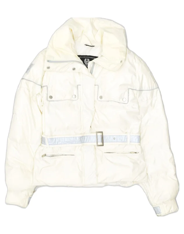 BELSTAFF Womens Padded Jacket IT 42 Medium Off White Nylon Collared Jacket Crew Neck Jacket Turtle Neck Jacket