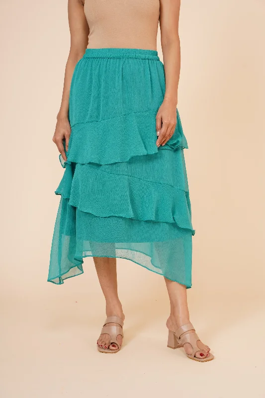 Women's Chiffon Ruffle Skirt with elastic in Dark Green pencil skirt chic