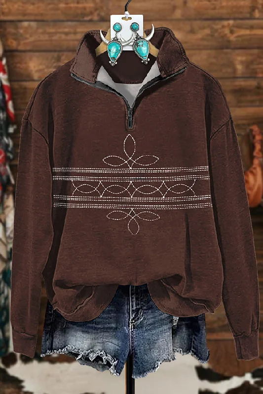 Western Classic Boot Stitched Zipper Sweatshirt Hoodie with Lace Feminine Delicate
