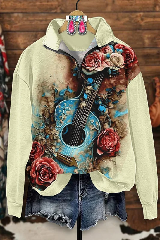 Retro Western Festival Print Zip-Up Sweatshirt Hoodie with High-Low Hem Asymmetrical Trendy
