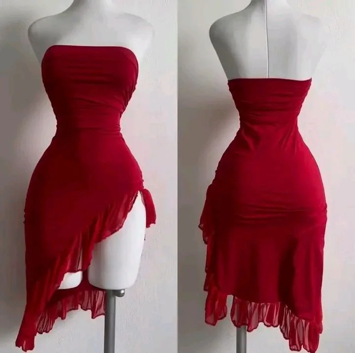 Red Strapless Ruffles Sheath Short Party Dress Cocktail Dress, DP3095 Boatneck Modish Everyday