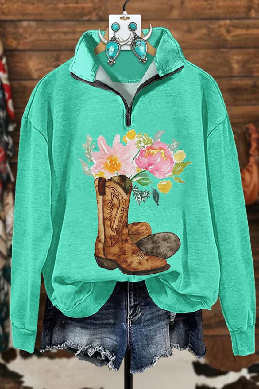 Western Boots Floral Zipper Sweatshirt Hoodie with Hem Fringe Bohemian Relaxed