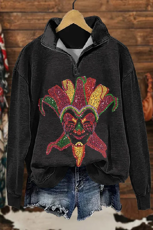 Shiny Mardi Gras Print Sweatshirt Hoodie with Pocket Utility Practical