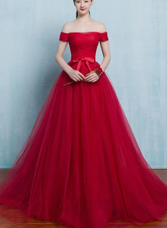 Red Tulle Off the Shoulder Long Party Dress, Red Formal Gown Tunics Stylish elegant