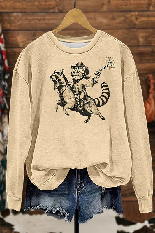 Cowboy Cat Riding Raccoon Sweatshirt Hoodie with Neon Bright Vibrant