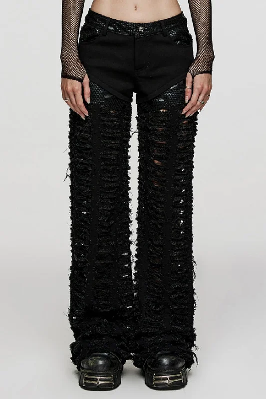 Black Embossed Stitching Mesh Ripped Women's Steampunk Straight Pants Trendy Tapered Pants