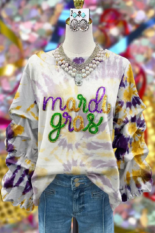 Elegant Ruffled Contrast Color Mardi Gras Sweatshirt Hoodie with Elastic Waist Stretchable Comfortable