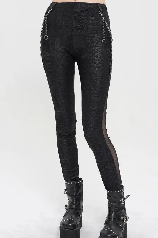 Black Knitted Fabric Detachable Chain Trim Irregular Semi-Perspective Knit Women's Punk Pants Casual Track Pants
