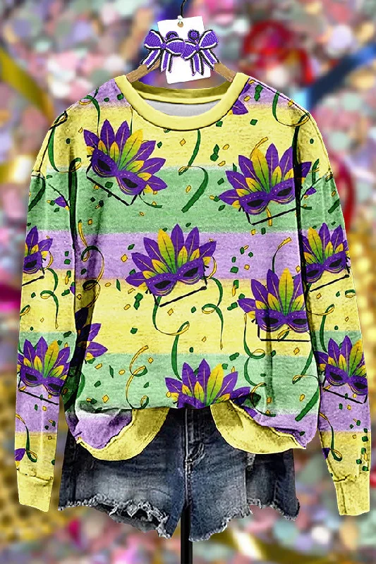 Vintage Carnival Mask Print Sweatshirt Hoodie with Front Slit Layering Stylish