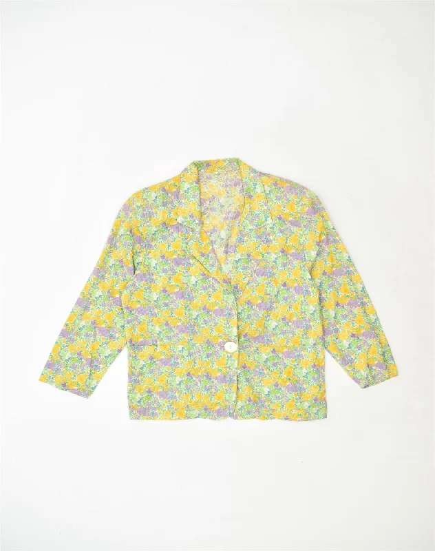VINTAGE Womens 1 Button Blazer Jacket UK 18 XL Yellow Floral Cotton Hoodie Zip-Up Jacket Button-Up Jacket