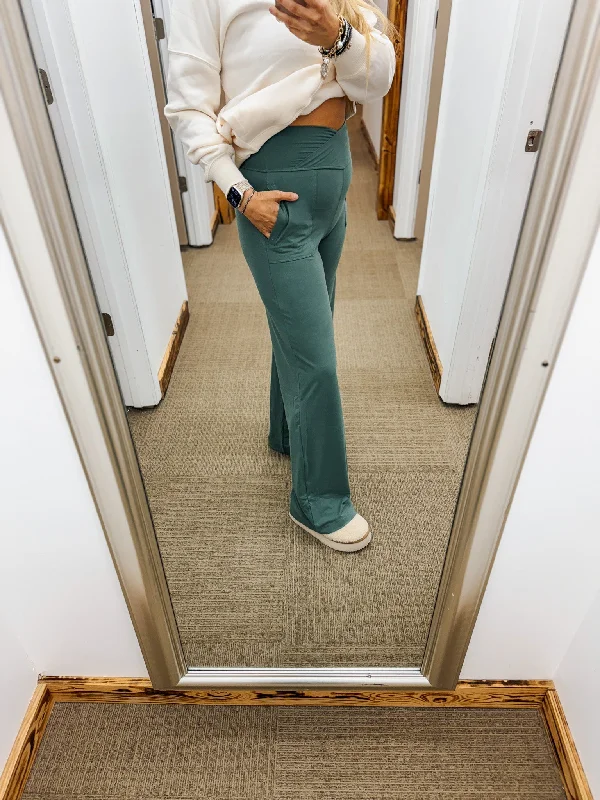 Not A Chance Forest Green Yoga Pants Fashionable Button-Up Pants