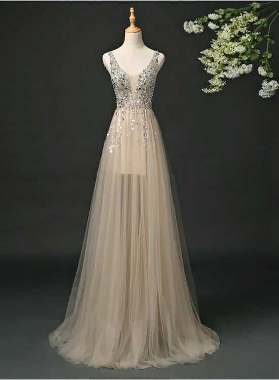 Champagne V-neckline Tulle Sequins Long Party Dress, A-line Formal Dress Tunics New arrival