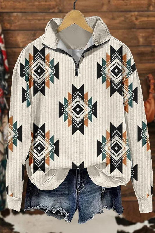 Retro Western Aztec Print Sweatshirt Hoodie with Mesh Breathable Sporty