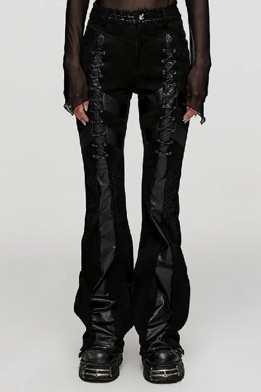 Black Metal Eyelets Faux Leather Stitching Mesh Women's Steampunk Pants Classic Pleated Pants