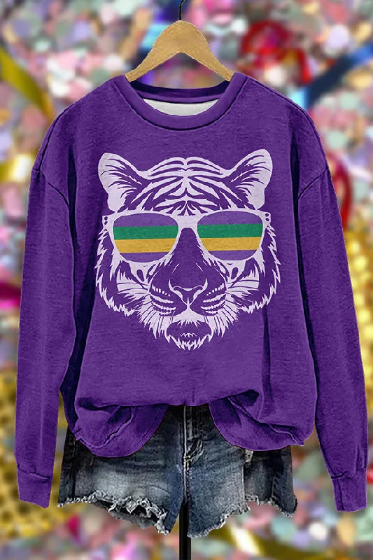 Cute Tiger Mardi Gras Sweatshirt Hoodie with Distressed Vintage Worn