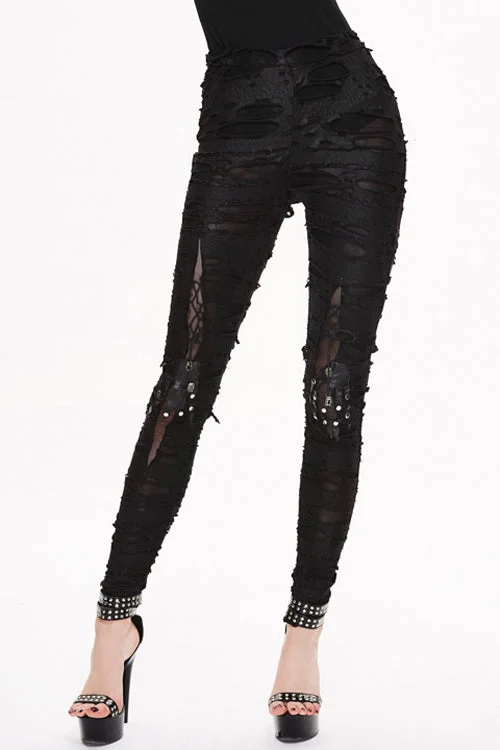 Black Leather Broken Holes Coated Knit Womens Pants Stylish Paperbag Waist Pants