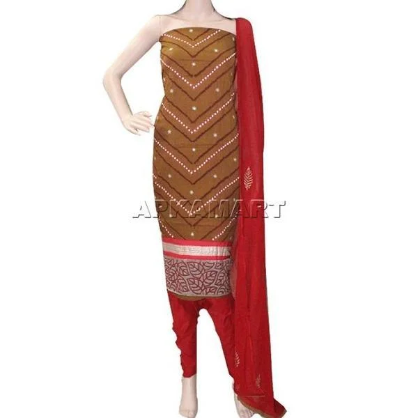 Brown and Red with Nylon Dupatta Tie and Dye Dress Material A-Line Day Work
