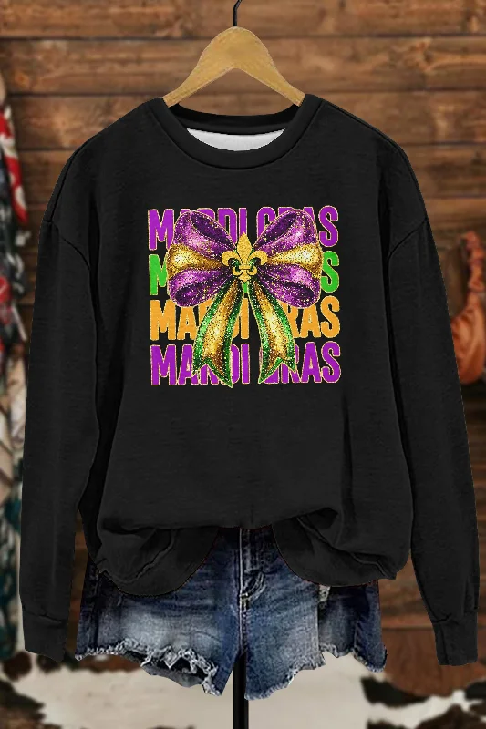 Mardi Gras Coquette Bow Sweatshirt Hoodie with Side Slits Relaxed Casual
