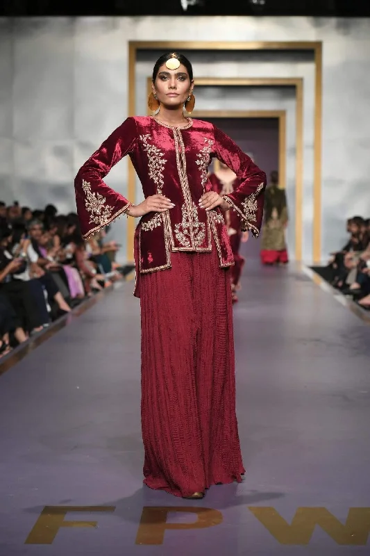 Yasmin Zaman - M Velvet Jacket and Pants - F-191 - 2 Piece Boat Neck Shawl Collar Notched Collar