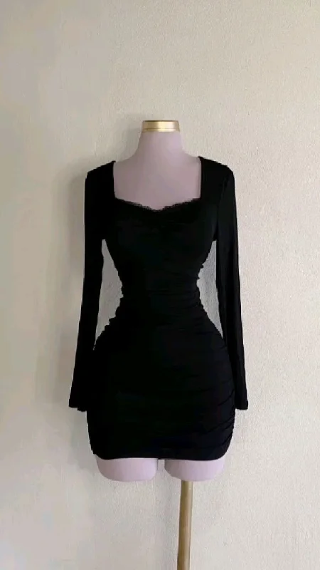 Black Long Sleeves Sheath Short Party Dress Cocktail Dress, DP3564 Tunics Print Colorful